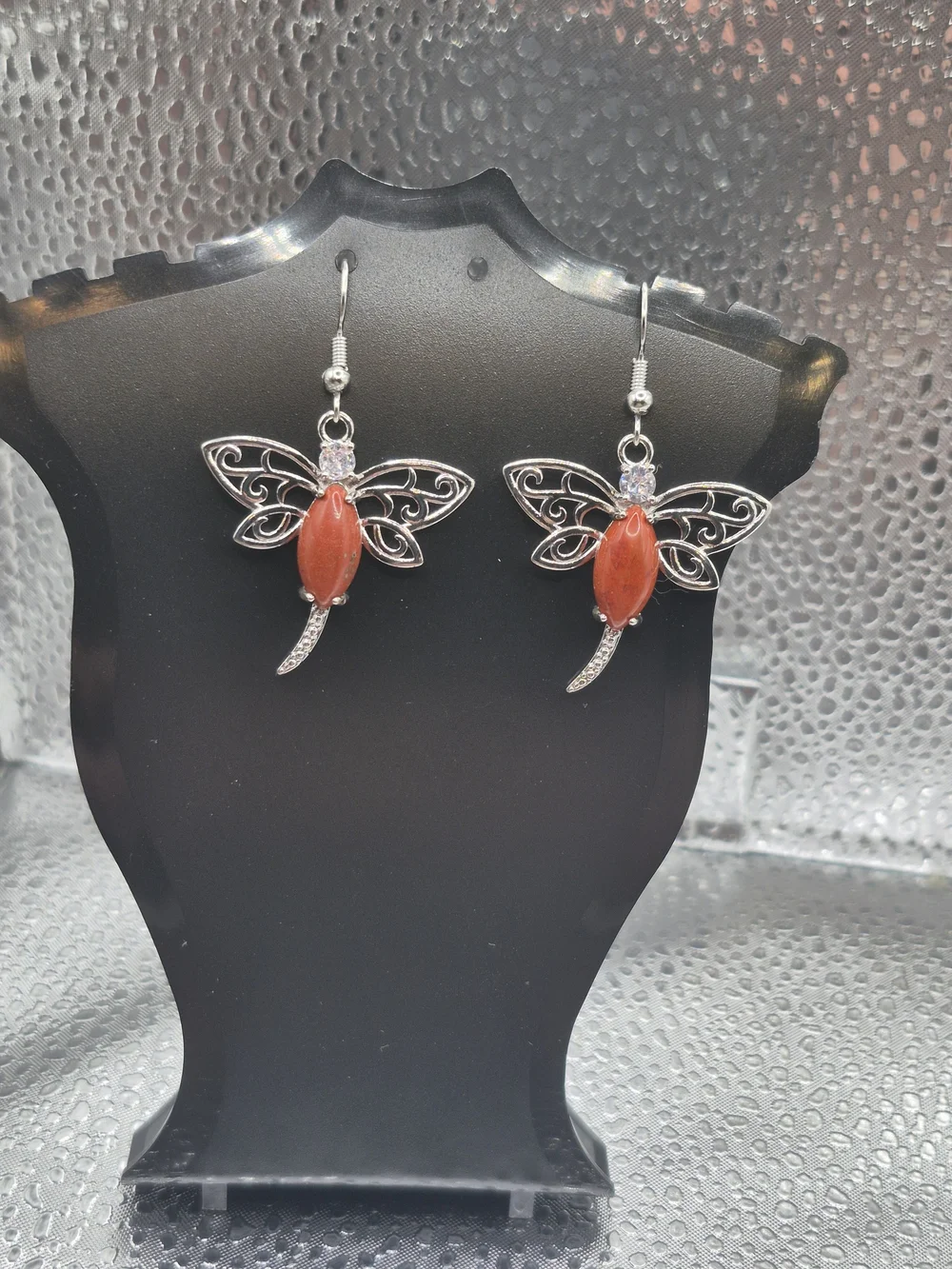 Red Jasper Dragonfly Drop Earrings with Silver Filigree